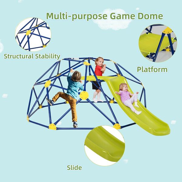 LIFEZEAL Dôme d'Escalade avec Toboggan, Structure en Métal pour Grimper, Cadre d'Escalade de Jardin avec Coussin en Tissu, pour Enfants 3-10 ans, Charge 180kg(Vert)