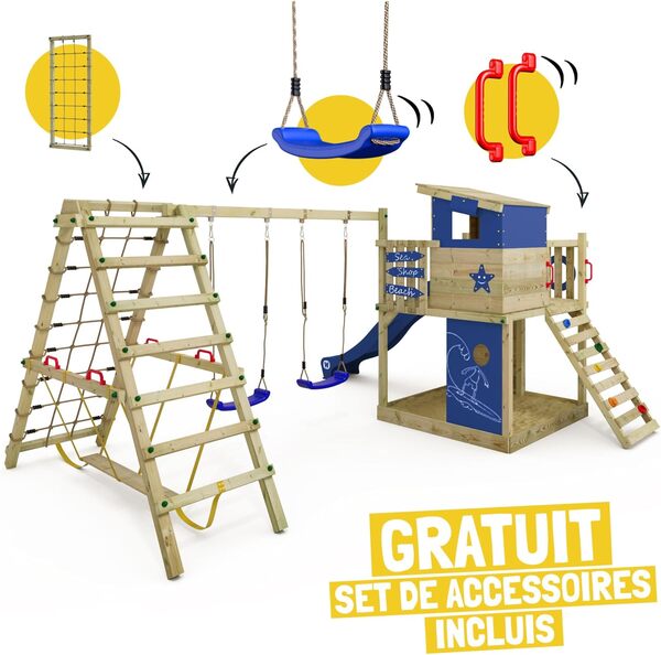 WICKEY Aire de Jeux Smart Surf portique en Bois avec balançoire et Toboggan, Tour d'escalade pour Enfants avec bac à Sable, échelle et Accessoires de Jeu pour Le Jardin. (Rose Pastel)