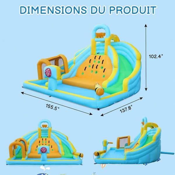 LEADZM Château Gonflable avec Souffleur, Aire de Jeux Gonflable avec Double Toboggan, Grand Mur d'escalade, Aire de Saut, Cible, Pistolet à Eau, pour 3 Enfants de 3 à 8 Ans, 395 x 350 x 260 cm
