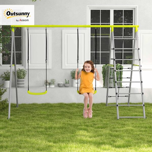 Outsunny Balançoire portique pour Enfant 4 en 1 avec 2 siège de balançoire, échelle grimpeuse et Filet d'escalade, Structure métallique, balançoire de Jardin, Charge Max. 180 kg, Vert