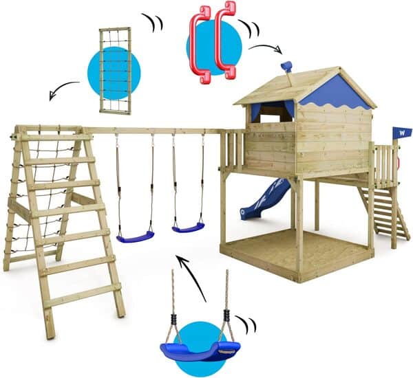 WICKEY Aire de Jeux Smart Ocean portique en Bois avec balançoire et Toboggan Vert, Tour d'escalade pour Enfants avec bac à Sable, échelle et Accessoires de Jeu pour Le Jardin.