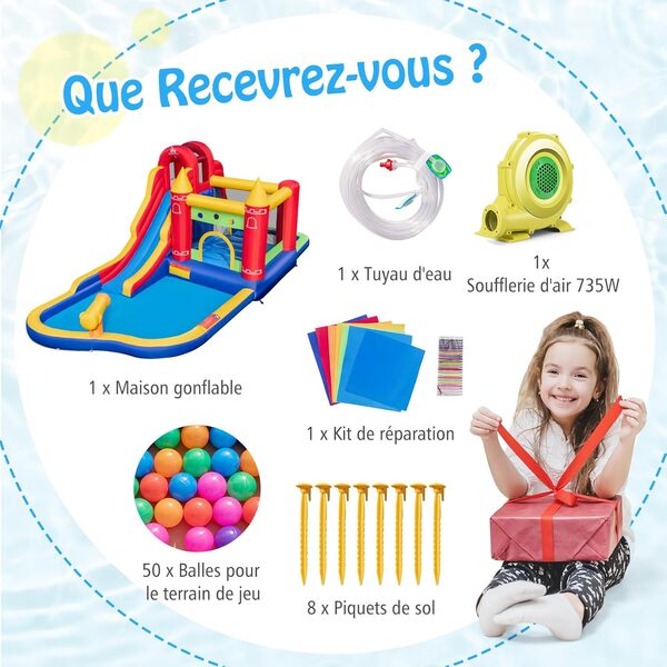 GOPLUS 9 en 1 Château Gonflable Enfant avec Souffleur, Parc Aquatique Gonflable avec Trampoline, Toboggan, Mur d'escalade, Piscine, Canon à Eau, 50 Balles, pour 3-10 Ans, Intérieur & Extérieur