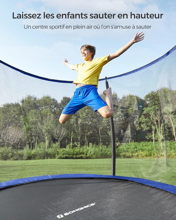 SONGMICS Trampoline Extérieur Enfant Diamètre 244/305/366/427 cm, Filet de Protection, Poteau Incurvé de 180 cm de Haut, Coussins de Sécurité, Échelle, Cadre en Acier