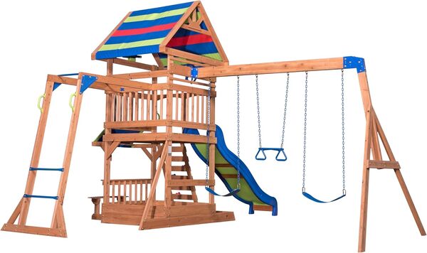 Backyard Discovery Northbrook Aire de Jeux en Bois | Aire de Jeux Extérieur avec balançoires/Toboggan/bac de Sable/Mur d'escalade | Balancoire Exterieur avec Toboggan, Portique Balancoire Exterieur