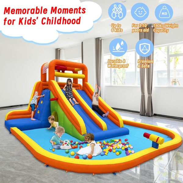 Ballsea Château Gonflable XXL avec Toboggan Sec/Eau, Mur d'escalade et Piscine - sûr et Amusant pour Les Enfants (sans souffleur)