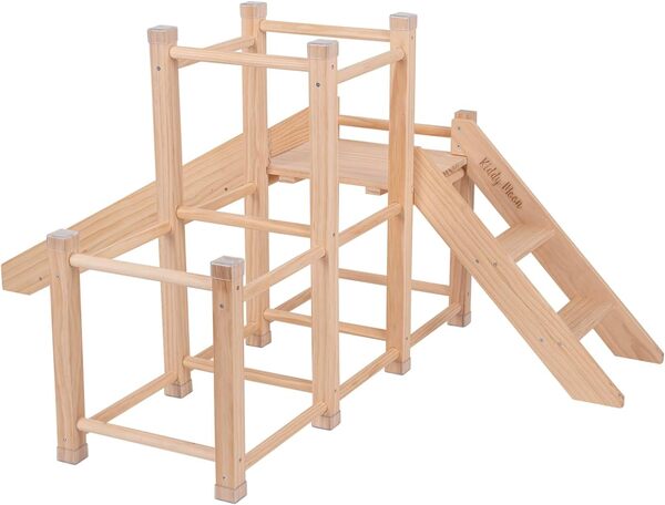 KiddyMoon Aire De Jeux avec Toboggan en Bois pour Enfants Jouet Montessori Rampe Cadre d'escalade pour Bébés en Bas Âge Ensemble D'activités, Naturelle