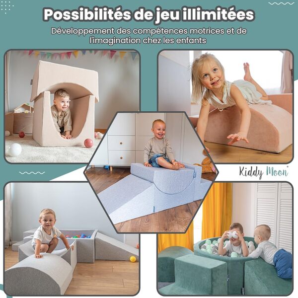 KiddyMoon Aire De Jeux en Mousse avec Carré Piscine À Balles (300 Balles) pour Enfants, Gris Clair: Gris/Blanc/Turquoise