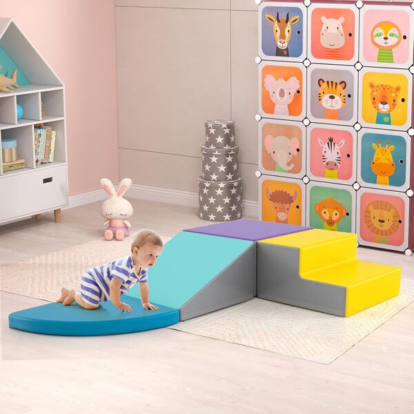GOPLUS 4 Pcs Parcours de Motricité Bébé, Mondule Moticité en Mousse EPE, Revêtement en Simili Cuir, Convient pour Enfants 3 Ans+, Jouets Montessori pour Grimper, Ramper (Bleu+Violet)