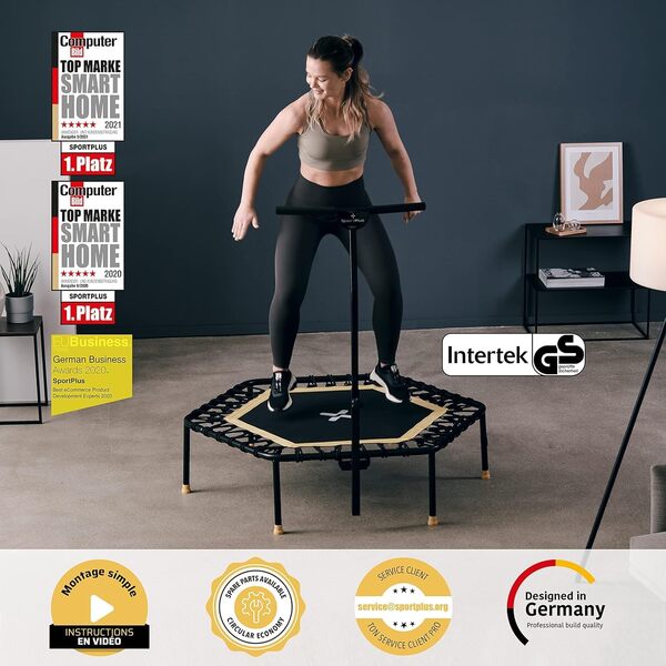 SportPlus Trampoline de Fitness Pliable pour la Maison, avec Barre d'appui réglable en Hauteur, protège Les articulations, Suspension en Caoutchouc Souple, très Silencieux