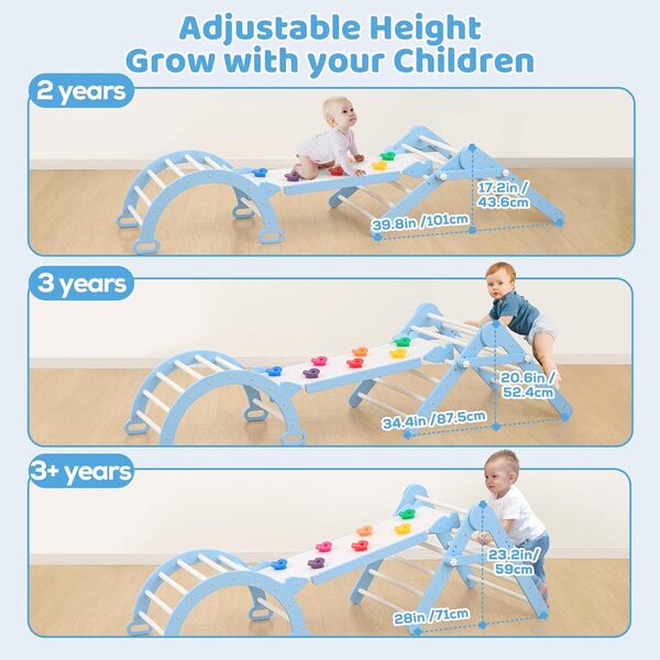 FUNLIO Jeu de Triangle Pliable, Jeu d'escalade Montessori en Bois Massif pour Les Enfants de 2 à 6 Ans, Gymnastique d'Intérieur 3-en-1 Ajustable avec Arche/Glissière/Roche d'escalade/Triangle - Bleu