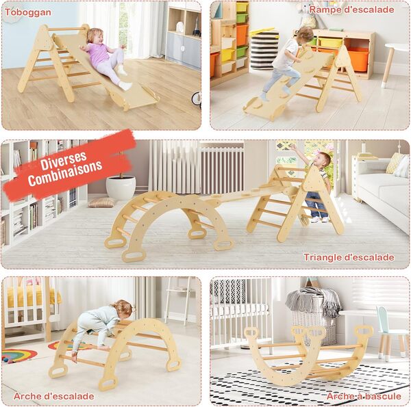 DREAMADE Triangle Escalade Bebe Montessori pour 1+ Ans, Échelle d’Escalade en Bois avec Triangle/Arche/Rampe, Convient pour Enfant à Maternelle, Maison (Naturel)