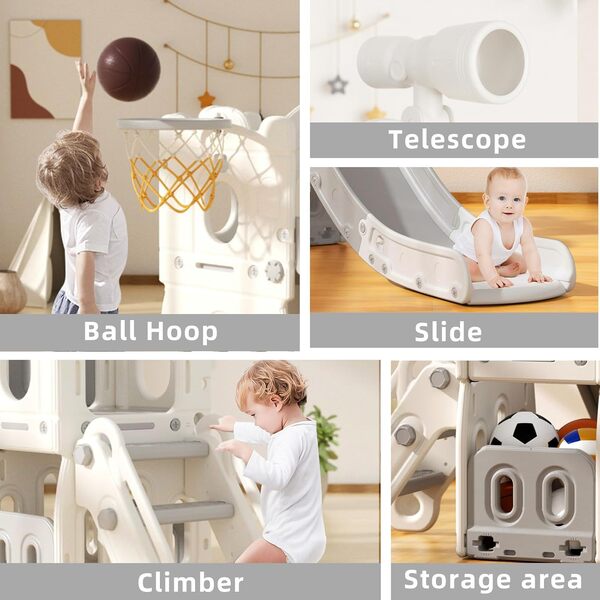 XJD Toboggan 5 en 1 pour Enfant de 1 à 3 Ans - Intérieur et Extérieur - Avec Panier de Basket, Espace de Rangement, Échelle d'Escalade et Télescope de Jeu - Autoportant
