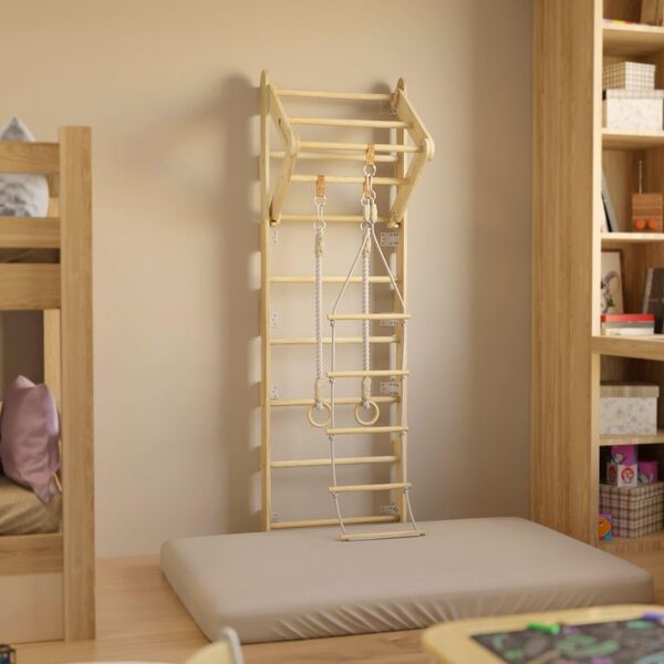 Juskys Espalier pour Enfants - avec Barre de Traction, Structure d'escalade intérieure avec Anneaux de Gymnastique et échelle de Corde, Mur d'escalade pour Chambre d'enfant, Barre de Sport