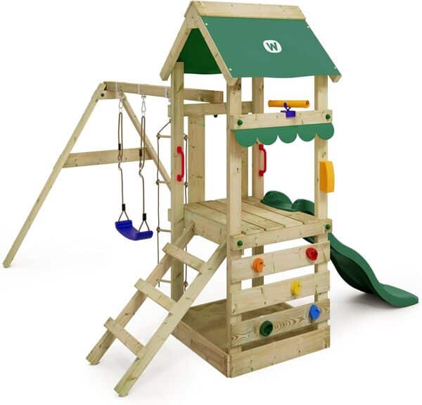 WICKEY Tour de Jeux FreshFlyer avec balançoire & Toboggan Vert, Tour d'escalade pour Enfants avec bac à Sable, échelle & Accessoires de Jeu pour Le Jardin