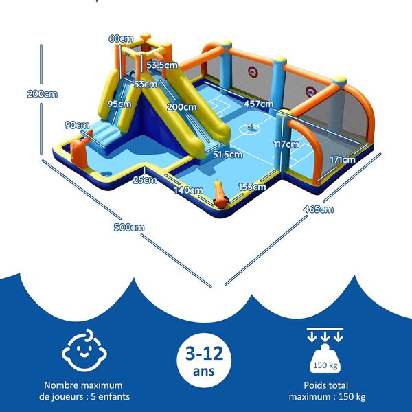 GOPLUS Château Gonflable avec Souffleur 680W,Structure Gonflable avec Toboggan Aquatique,Mur d’Escalade,Piscine,Terrain de Football Jeu de Fléchettes pour Enfants de 3-12 Ans 500x465x200cm