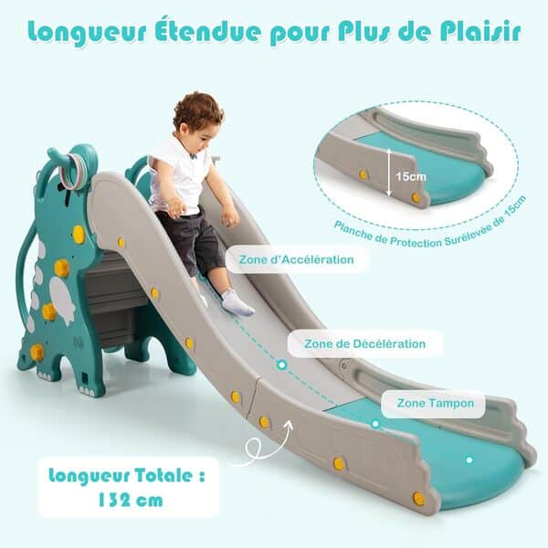 COSTWAY 4 en 1 Toboggan Enfants en Forme Dinosaure avec Panier de Basketball, Toboggan Extérieur Intérieur en HDPE avec Jeu de Lancer d'Anneaux, Charge 50kg pour 1-6 Ans, 188 x 65 x 80 cm