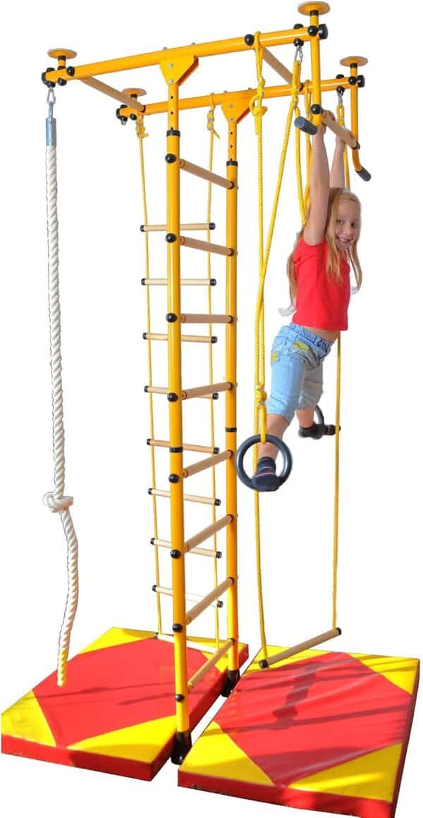 NiroSport FitTop M1 Espalier Suédois de Gymnastique pour les Enfants, Sécurité Certifiée, Installation Facile, Charge maximale jusqu'à 130 kg, Made in Germany (Jaune, Hauteur de Plafond 2,4-2,9 m)
