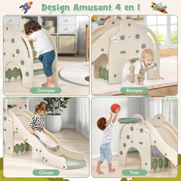 COSTWAY 4 en 1 Toboggan Enfant en Forme Éléphant avec Panier de Basketball, Toboggan Extérieur Intérieur en HDPE avec Ballon, Aire de Jeux pour Glisser & Grimper, Charge 50kg pour 18 Mois+(Vert)