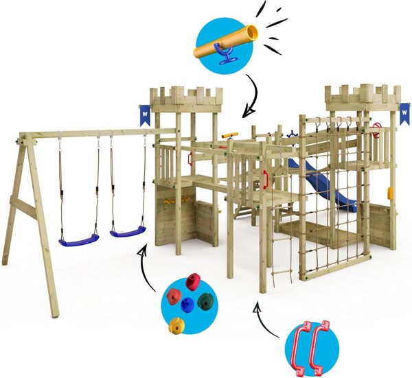 WICKEY Tour de Jeu Structure d'escalade château Smart Arch avec balançoire & Toboggan Bleu, Tour d'escalade extérieure pour Enfants avec bac à Sable, échelle & Accessoires de Jeu pour Le Jardin