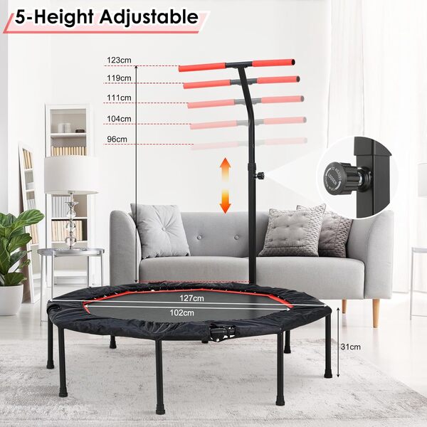 LIFERUN Trampoline d'intérieur Ø 128 cm | Trampoline de Fitness Pliable | Trampoline pour Adultes et Enfants | Capacité de Charge 150 kg | Hauteur de Main Courante réglable | Entraînement d'endurance
