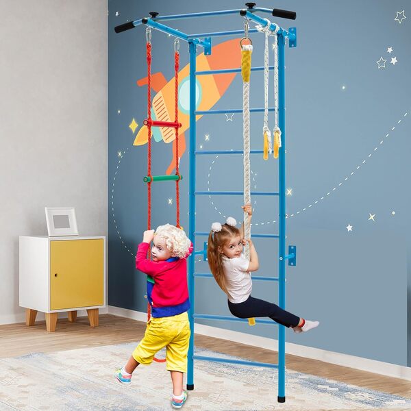 LIFEZEAL 5 en 1 Espalier avec Barre Fixe, Mur Escalade Suedois Enfants 107x83x223 cm, Anneaux Gymnastique, Échelle, Corde, Jeu Escalade Métal Charge 100 kg, Intérieur, 3+ Ans (Bleu)