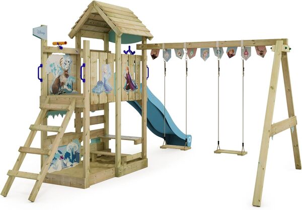 Disney La Reine des Neiges Adventure Aire de Jeux de Wickey - Structure d'escalade, Tour d'escalade, Jeux de Jardin pour Enfants - Aire de Jeux extérieure en Bois avec bac à Sable