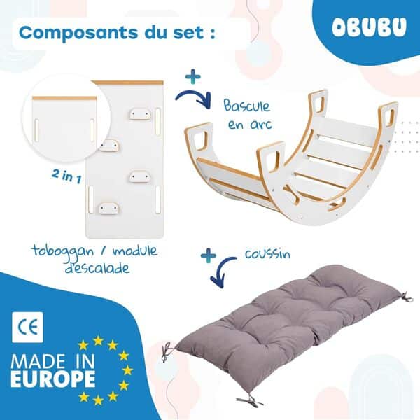 Obubu - Ensemble Arche d'escalade et Bascule, Coussin pour Arche d'escalade et Toboggan - Arche Montessori Bebe - Structure d'escalade - Arche motricité - Toboggan pour Enfants à Partir de 1 an Blanc