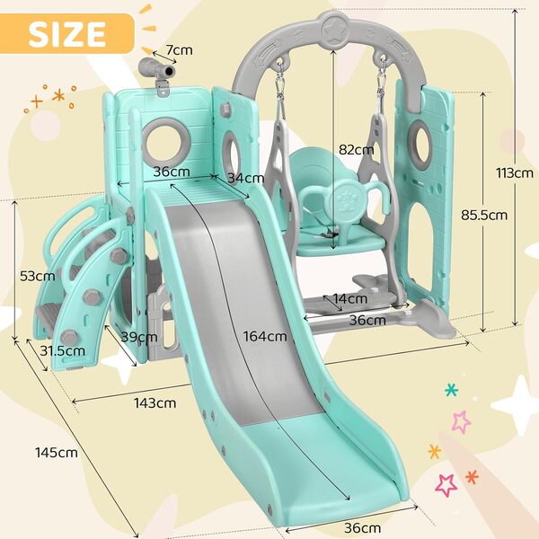 Toboggan et Balançoire, Toboggans Enfant, 5 en 1 Toboggan Bebe avec Balançoire,Télescope, Espace de Rangement, Escaliers, Aire de Jeux Intérieure et Extérieure, Vert Gris, Module 2PCS