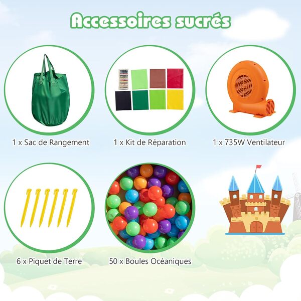 GOPLUS Château Gonflable Thème Village,Aire de Jeux pour 3 Enfants 3-10 Ans Jusqu’à 135KG avec Piscine de Ballon Océanique,Basket-Ball, Toboggan,Trampoline Intérieur Extérieur (avec souffleur 680W)