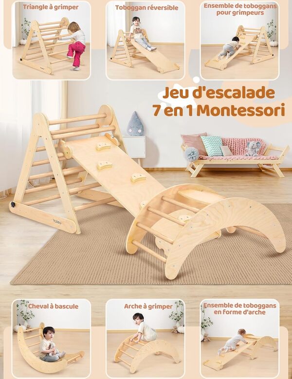 YOLEO Triangle à Grimper, Cadre à Grimper Pliant Montessori avec Arche de Toboggan, Robuste Aire de Jeux Intérieure pour bébés et Enfants 1 an