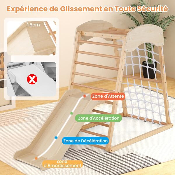 GOPLUS 4 en 1 Triangle d’Escalade Montessori, Triangle Escalade avec Toboggan et Filet d’Escalade Aire de Jeux Montesorri, Charge 50KG pour Enfants 1 an+ (Naturel)