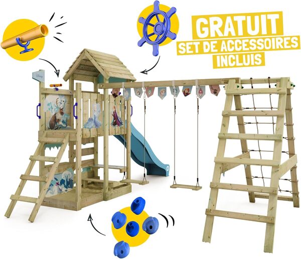 Disney La Reine des Neiges Story Aire de Jeux de Wickey - Structure d'escalade, Tour d'escalade, Jeux de Jardin pour Enfants - Aire de Jeux extérieure en Bois avec bac à Sable