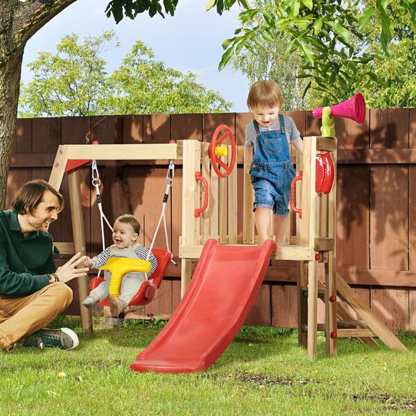 Outsunny 4 en 1 avec Toboggan, balançoire de Jardin, Voltigeur et klaxon, Jeux d'extérieur pour Les Enfants de 18 à 48 Mois, Structure en Bois et en Plastique, Rouge