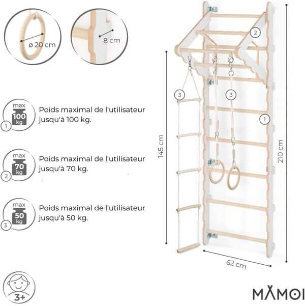 MAMOI® Espalier en Bois, Mur Escalade suedois pour Enfant, Échelle suedoise pour Bebe, Jeux descalade et Gym avec Accessoires, Barre et Anneaux Gymnastique