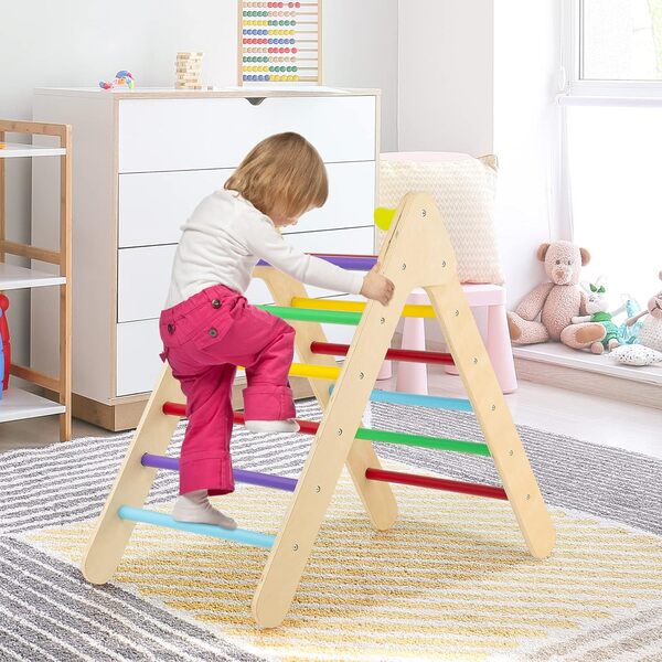 DREAMADE Triangle d'escalade avec Toboggan en Bois 3 en 1 Jouet Montessori pour Grimper & Glisser Convient à Enfants 1+ Ans (Multicolore)
