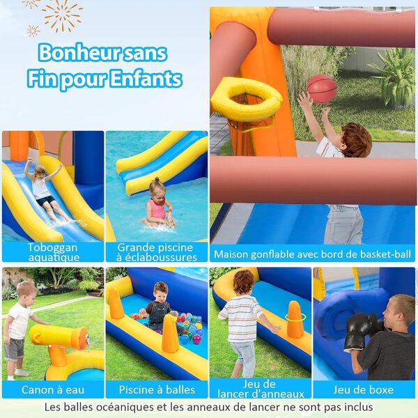 GOPLUS 7 en 1 Château Gonflable Enfants Aquatique avec Piscine, Toboggan, Jeu de Boxe, Canon à Eau, Trampoline, Piscine, Parc Aquatique pour 3-10 Ans Charge 45+45KG (avec Gonfleur 680W)