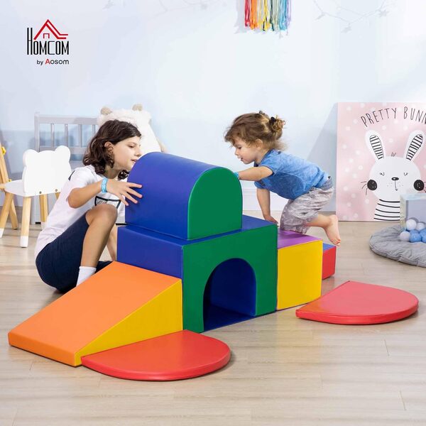 HOMCOM 7PCS Parcours motricité bébé, Jouet d'escalade, Mousse Blocs de Construction avec revêtement synthétique, Jouets éducatifs pour Enfants d'âge préscolaire, Multicolore