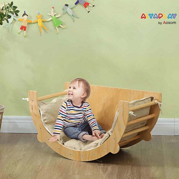 AIYAPLAY 3 en 1 Arche Escalade Enfants, Chaise à Bascule et Table de Jeu avec Coussin - Parcours motricité bébé en Bois d'intérieur pour garçons & Filles de 18 à 48 Mois, Bois Naturel