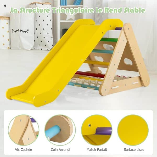 GOPLUS Triangle d’Escalade Montessori Enfants avec Filet à Grimper, Planche et Échelle,Pierres avec Toboggan, Charge 50KG,Aire de Jeux Intérieur pour Bébé 1 an+ (Multicolore)