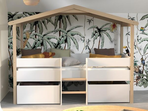 Lit cabane Enfant Jardin Secret 90x190 sommier + 2 tiroirs Blanc et Naturel - Laïba Kids