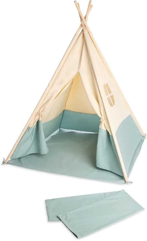Pinolino Tipi Yuma Tente en Tissu et Bois avec fenêtre, Tapis de Sol et Sac de Rangement, pour Enfants à partir de 3 Ans, Tissu aux Tons Pastel et fanions, Beige/Vert