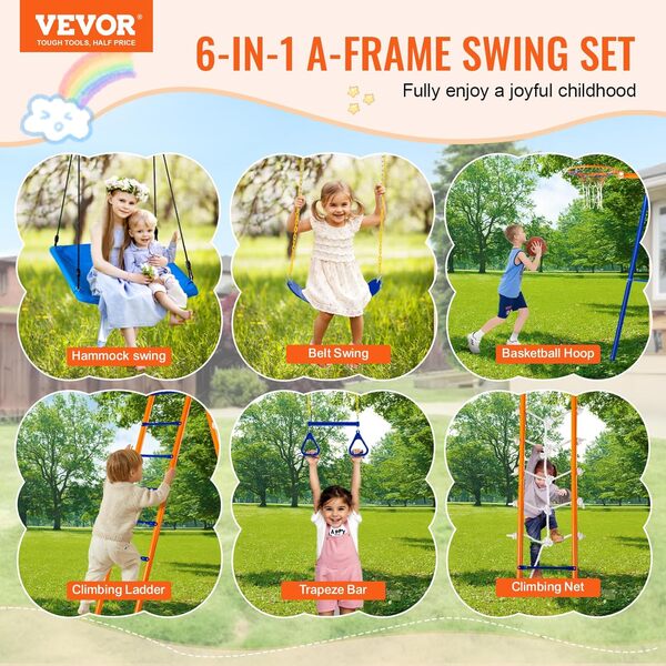 VEVOR Kit Portique Balançoire de Jardin 6-en-1, avec 2 Balançoires, Barre de Trapèze, Échelle, Filet d'escalade et Panier de Basket-Ball, Charge 200 kg, Cadre en Métal Robuste, pour Enfants 3+