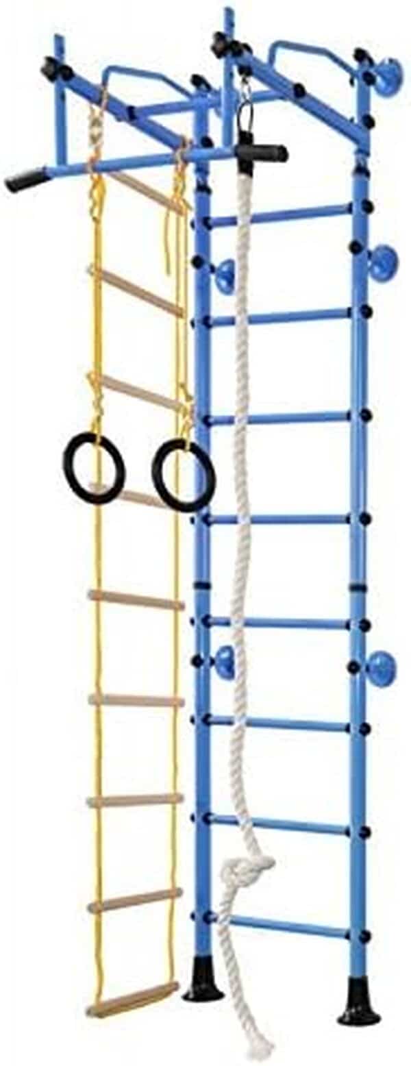 Espalier M2 HS - Pour chambre d'enfant - Avec barreaux en bois et barre de traction - Avec anneaux de gymnastique - Corde d'escalade - Échelle en corde trapézoïdale
