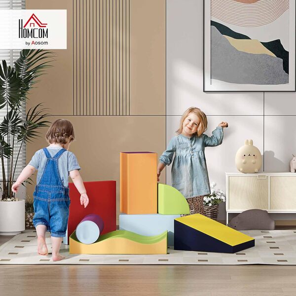 HOMCOM 7PCS Module motricité bébé Parcours motricité bébé Blocs de Construction en Mousse EPE avec Housse en polyuréthane - Jouets éducatifs pour Enfants d'âge préscolaire, Multicolore