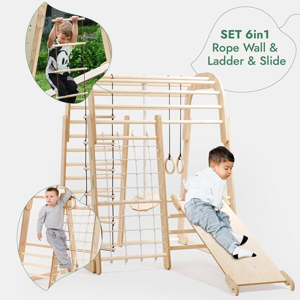 Aire de jeux d'intérieur en bois pour enfants 6 en 1 – Montessori Play Gym pour les tout-petits de 1 à 3 ans – Ensemble de jeu d'intérieur pour bébé Jungle Gym