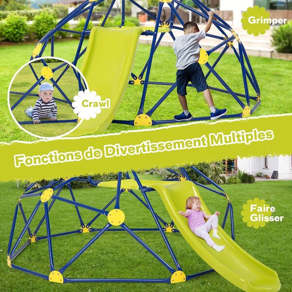 DREAMADE Dôme d'escalade avec Toboggan pour 3-10 Ans, Plateforme en Tissu, Cadre Métallique, Échelle à Grimper Centre d'Activité, Aire de Jeu Intérieur&Extérieur, Charge 180 kg (Dôme + Toboggan Vert)
