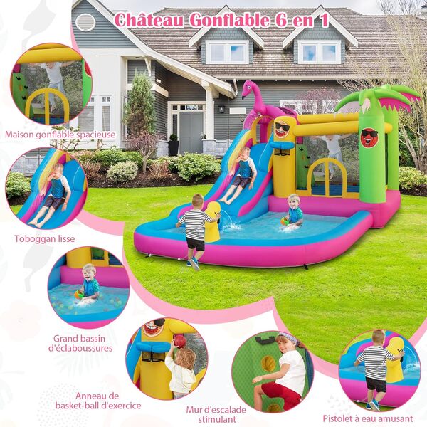 GOPLUS Château Gonflable Flamant avec Souffleur 680w, Trampoline, Toboggan, Mur d'escalade,Piscine,Aire de Jeux Gonflable avec 50 Boules Océaniques, pour 3 Enfants 3-10 Ans 135KG