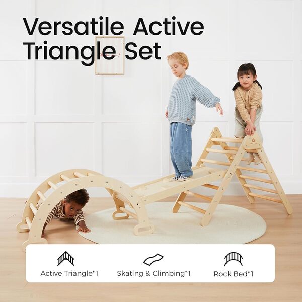 Tiny Land Structure d'escalade Intérieure, Triangle d'escalade 3 en 1, Structure d'escalade, Jouet Pliable pour Tout-Petits, Set d'escalade en Bois Montessori pour Enfants de 2 à 6 Ans