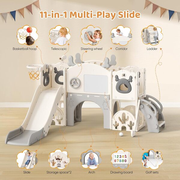 Krovtoy Toboggan 7 en 1 pour Tout-Petits, sur Le thème de l'élan de Noël avec Ensemble de Golf, Toboggan pour bébé pour Tout-Petits de 1 à 3 Ans (Gris Beige- 7 en 1)