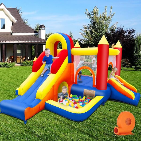 Château Gonflable avec Ventilateur – Intérieur XXL Paradis pour Enfants avec Toboggan, Filet de sécurité, certifié EN71, pour 3 à 8 Ans